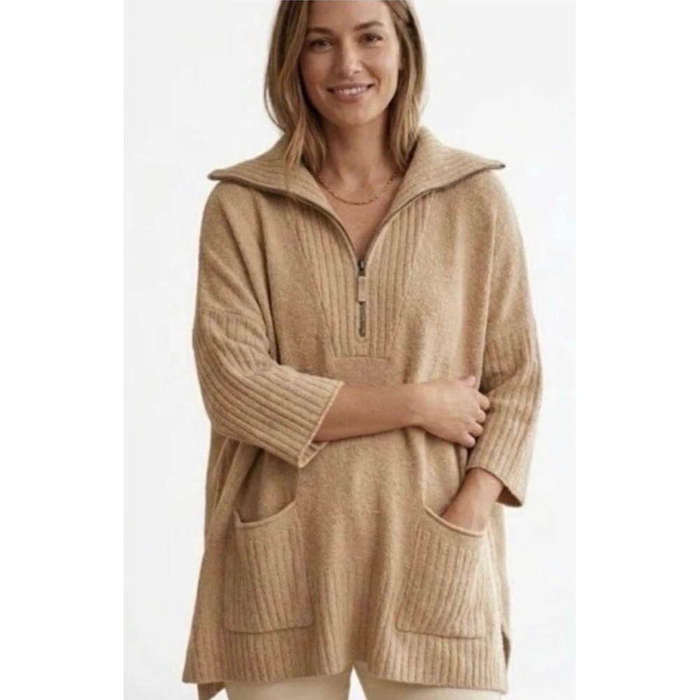 Barefoot Dreams CozyChic Lite Sweater 1X Tan Half-Zip Tunic Pocket BDWCL21476